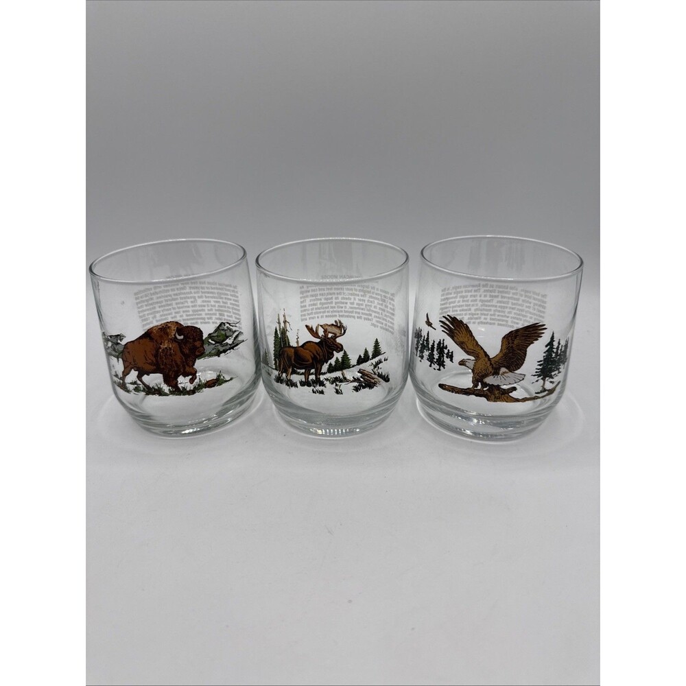 Vintage Sunoco Wildlife Rocks Glasses Bald Eagle Moose Buffalo Lowball Set of 3